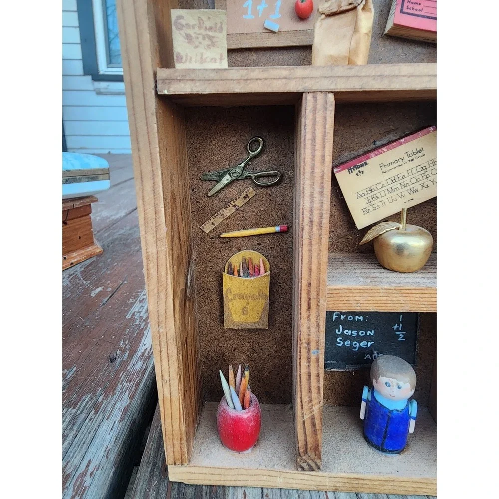 Vintage Small Wood Shadow Box Trinket Shelf & Themed Trinkets, Wall Mounted MCM
